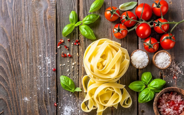 Pasta italiana tradicional decorada com ingredientes de pasta, farinha, manjericão e tomates