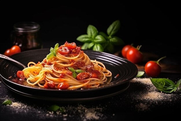 Pasta italiana tradicional espagueti con salsa de tomate servida en un plato negro