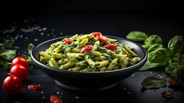 Foto pasta italiana vegana com espinafre em uma cozinha escura