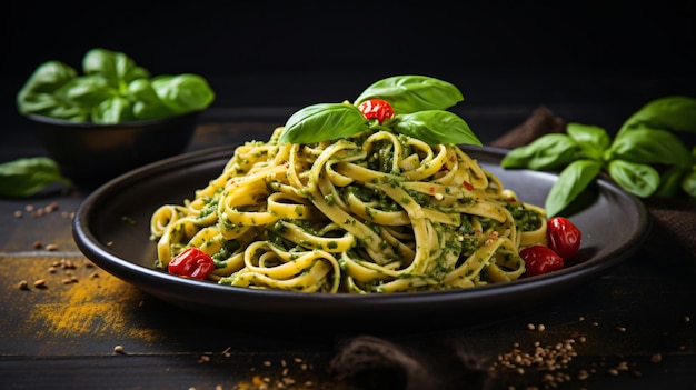 Foto pasta italiana vegana com espinafre em uma cozinha escura