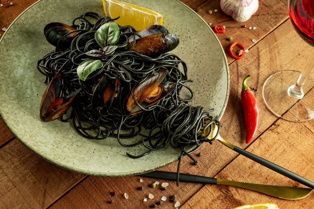 Pasta de marisco negro con copa de vino tinto sobre mesa de madera