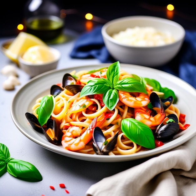 Foto pasta de mariscos con hojas de albahaca arte de la comida