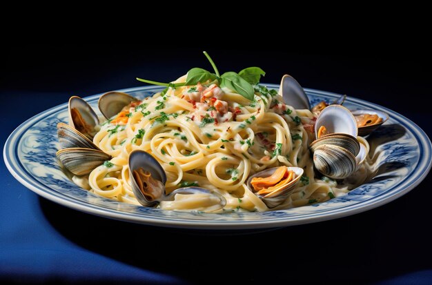 Una pasta con mariscos en una salsa blanca salpicada de verduras y trozos de tocino servida en un plato de patrón azul contra un fondo azul oscuro