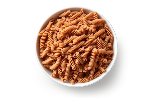 Foto pasta marrón cruda aislada de grano entero penne pile seco de granos enteros fideos de espelta cruda macarrones alimentos saludables de italia comida orgánica pasta de trigo entero en fondo blanco ilustración generativa de ia