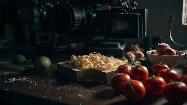 Pasta en la mesa de la cocina con una cámara en el fondo generativo ai