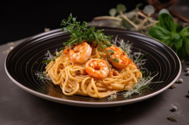 Pasta mit Garnelen und frischen Kräutern auf Metallplatte