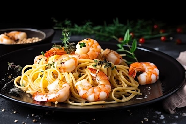 Pasta mit Garnelen und frischen Kräutern auf Metallplatte