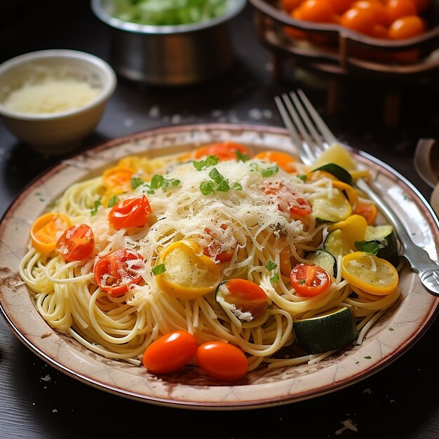 Foto pasta mit gemüse und hühner