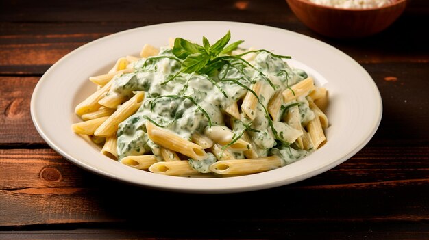 Pasta mit Pesto-Sauce und Basilikum auf einem weißen Teller auf einem Holztisch