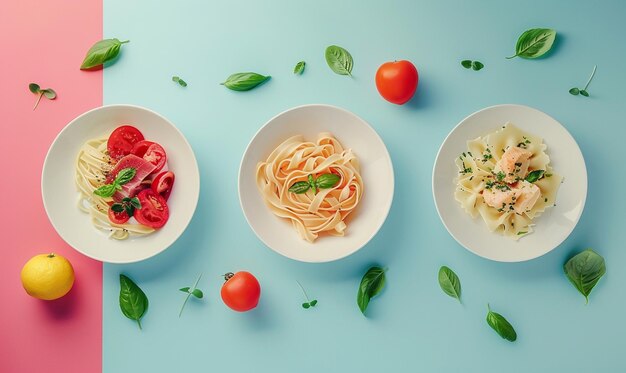 Pasta mit verschiedenen Sorten Soßen und Zutaten italienisches Essen Konzept flach legen Kopierraum