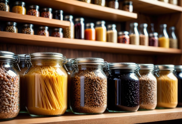 Pasta orgânica de grãos inteiros e arroz selvagem armazenados em frascos de vidro em uma prateleira da cozinha