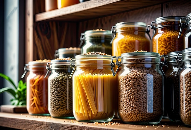 Pasta orgânica de grãos inteiros e arroz selvagem armazenados em frascos de vidro em uma prateleira da cozinha