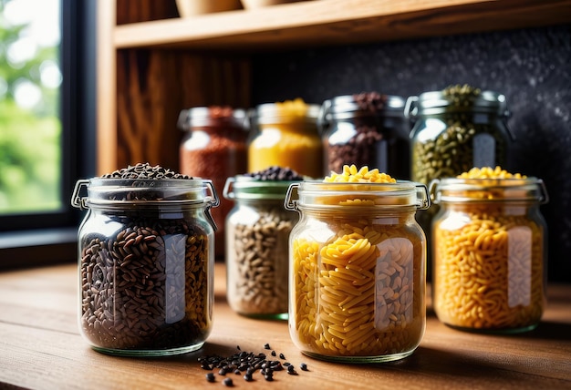 Pasta orgânica de grãos inteiros e arroz selvagem armazenados em frascos de vidro em uma prateleira da cozinha