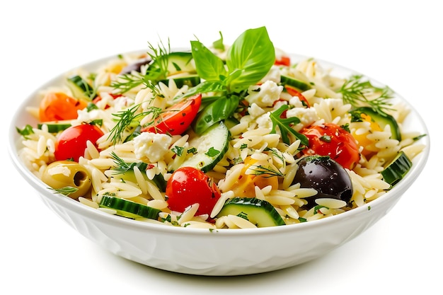 Foto pasta de orzo fresca con pepino y tomates de cereza