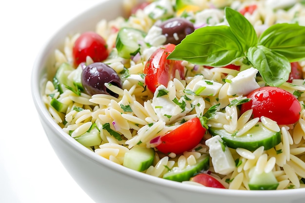 Foto pasta de orzo con pepino y tomates de cereza