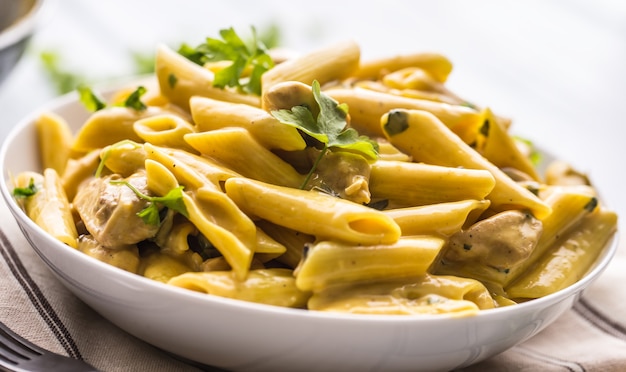 Pasta Pene mit Hähnchenstücken, Champignons, Parmesan-Käse-Sauce und Kräuterdekoration. Pene con pollo - italienische oder mediterrane Küche.