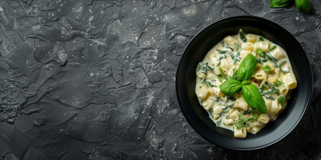 Foto pasta de penne cremosa adornada con hierbas verdes en un elegante plato negro sobre un fondo de textura gris oscuro contrastante que ofrece una experiencia gastronómica visualmente rica