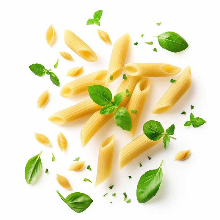 Pasta de penne con hojas de albahaca y perejil y salsa alfredo con caída o flotación en el aire