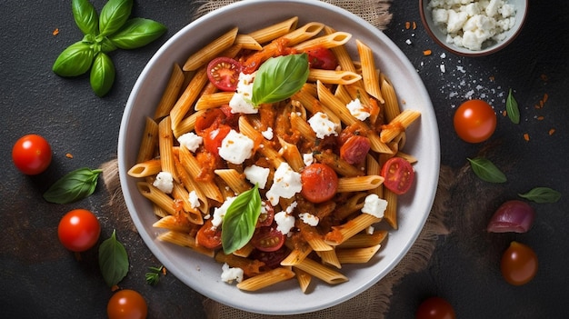 Pasta penne con salsa de tomate asado y queso mozzarella