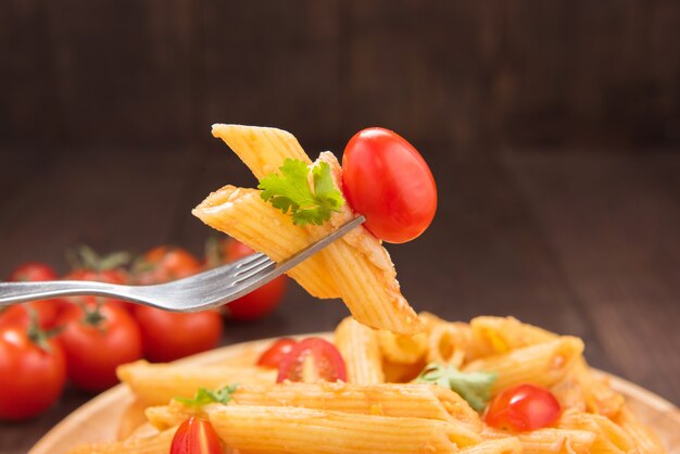 Pasta penne con salsa de tomate, comida italiana