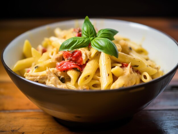 Pasta penne en salsa de tomate con pollo en un bol AI generativa