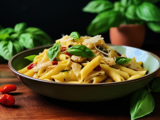 Pasta penne en salsa de tomate con pollo en un bol AI generativa