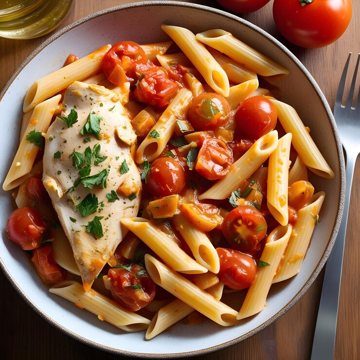pasta de penne en salsa de tomate con pollo y tomates en una mesa de madera IA generativa