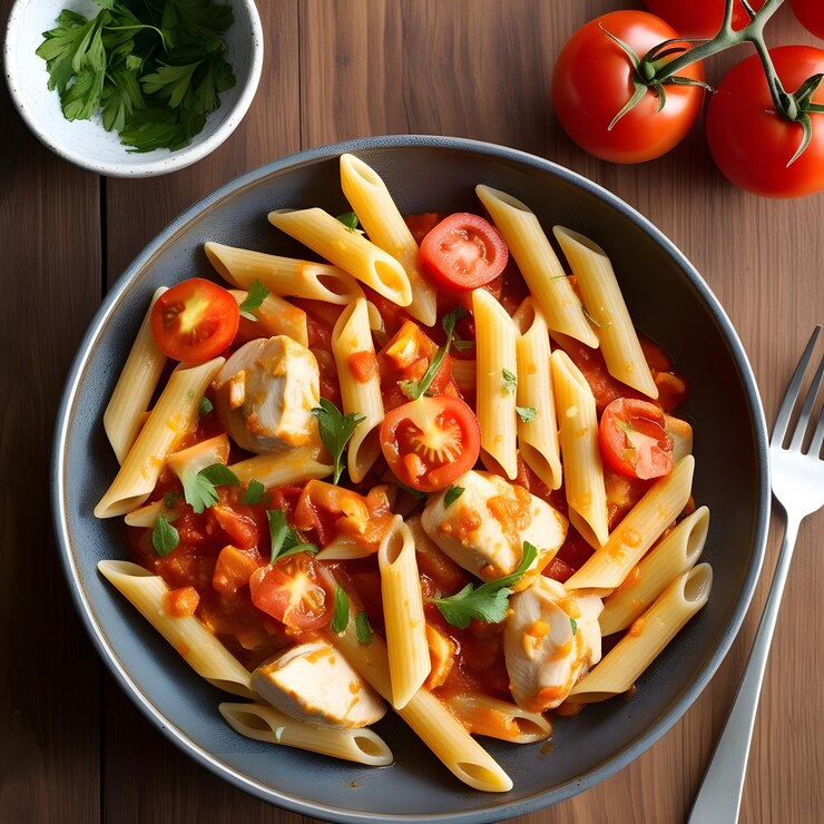 pasta de penne en salsa de tomate con pollo y tomates en una mesa de madera IA generativa