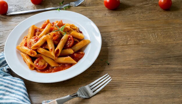 Foto pasta de penne en salsa de tomate con pollo y tomates