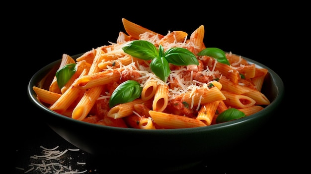 Pasta penne con salsa de tomate, queso parmesano y albahaca sobre fondo oscuro AI generativa