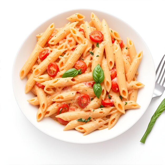 Pasta Penne con salsa de tomate y queso parmesano sobre fondo blanco.