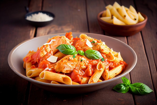 Pasta penne en salsa de tomate con tomates de pollo IA generativa IA generativa