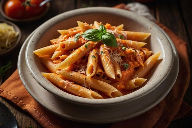 Foto pasta de penne en una salsa de vodka cremosa