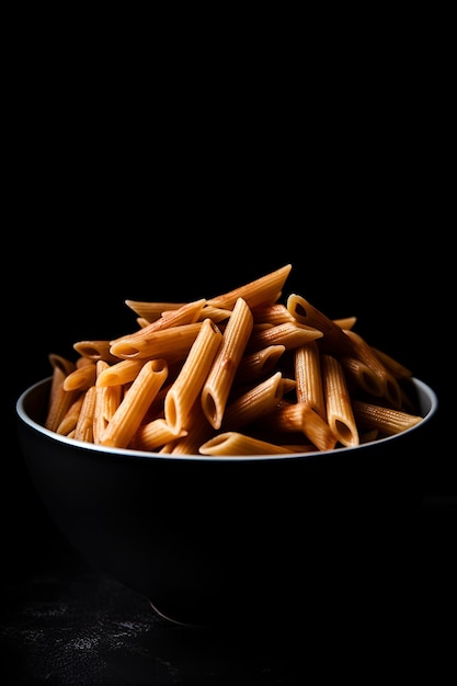 Pasta penne en un tazón negro sobre fondo negro generado por IA