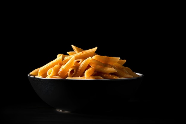 Pasta penne en un tazón negro sobre fondo negro generado por IA