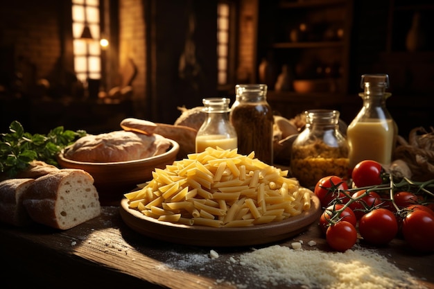 Pasta plato italiano preparado con harina y agua que se cocina en varias formas y se sirve con salsas, versatilidad popular y capacidad de combinarse con una variedad de ingredientes.