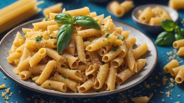 Pasta en primer plano en un fondo azul vista desde arriba