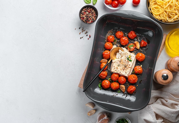 Pasta de queso feta al horno con tomates cherry ajo y hierbas sobre un fondo gris La receta para cocinar fetopasta