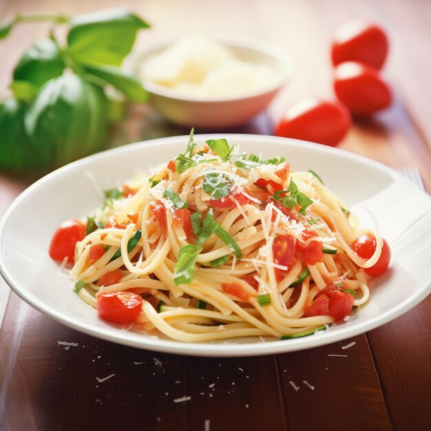 pasta con queso parmesano de pepino de tomate sobre un fondo de madera clara en platos blancos