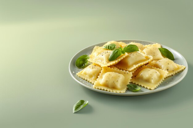 Pasta Ravioli com Ricotta e Espinha de cor verde claro de fundo vista lateral Espaço para texto