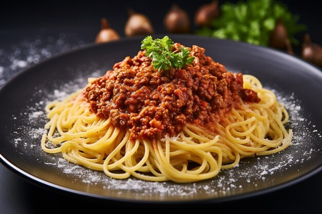 Foto pasta recém-cozida com molho bolognese e queijo parmesão gerada