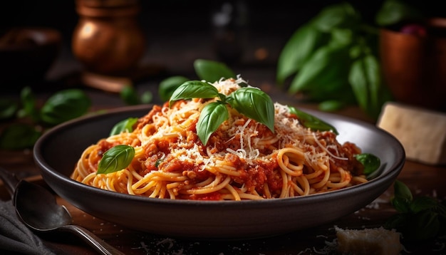 Pasta recién cocinada con salsa boloñesa salada generada por IA