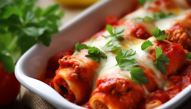 Pasta recién cocinada con salsa de tomate salada generada por IA