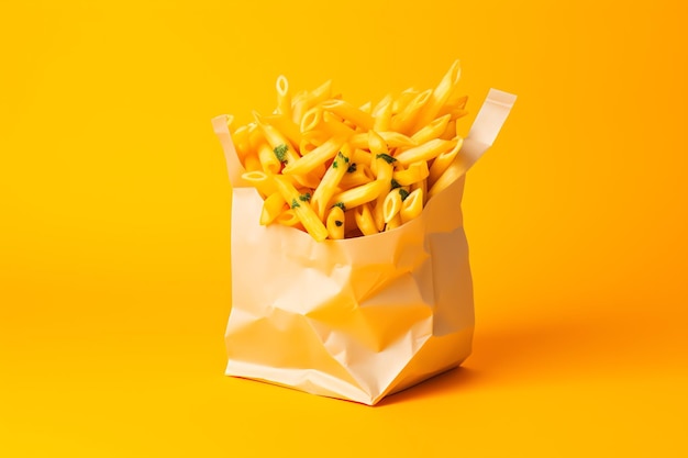 Foto pasta sabrosa comida rápida comida callejera para llevar en fondo amarillo