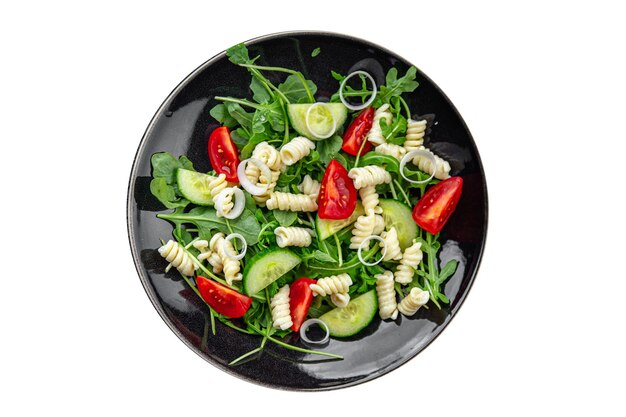 Pasta Salat Fusilli Pasta Gurke Tomate grüner Salat Zwiebel Essen Kochen Mahlzeit Essen Snack