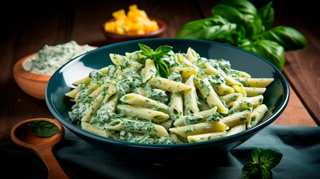 pasta con salsa de pesto y albahaca en un plato blanco en una mesa de madera