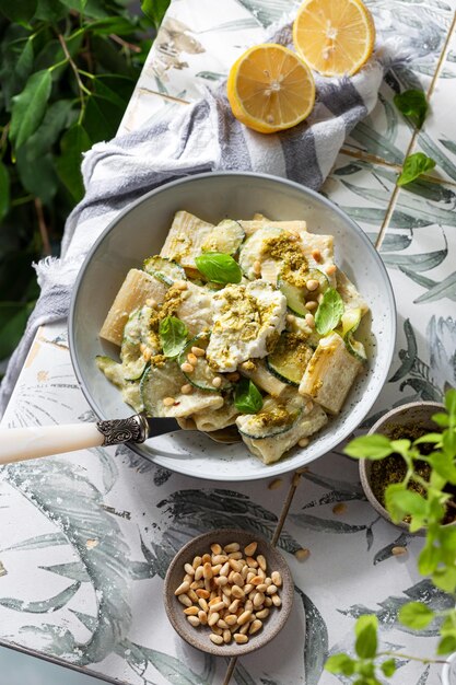 Pasta con salsa pesto de calabacín y queso ricotta