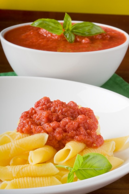 Pasta con salsa de tomate albahaca Garganelli al pomodoro e basilico