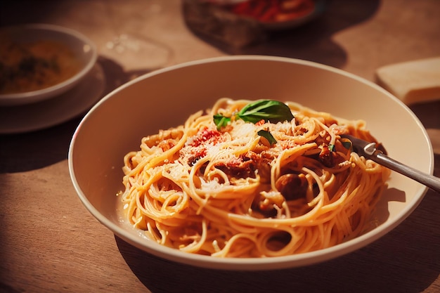 Pasta con salsa de tomate, queso y albahaca sobre la mesa en la cocina Enfoque selectivo Ilustración 2D