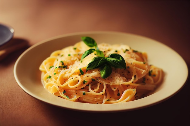 Pasta con salsa de tomate, queso y albahaca sobre la mesa en la cocina Enfoque selectivo Ilustración 2D